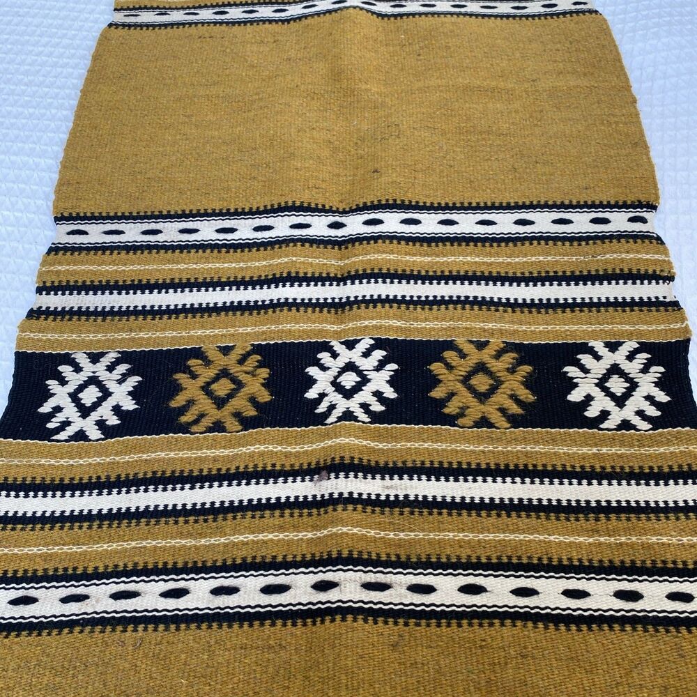 Vintage Handwoven Wool Kilim Rug Flat weave Mexican Southwest Gold Black - Picture 5 of 8